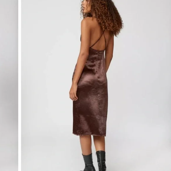 Urban Outfitters Chloe Chocolate Satin Slip Dress Lace Bust Crossover Back Sz L - Picture 3 of 12